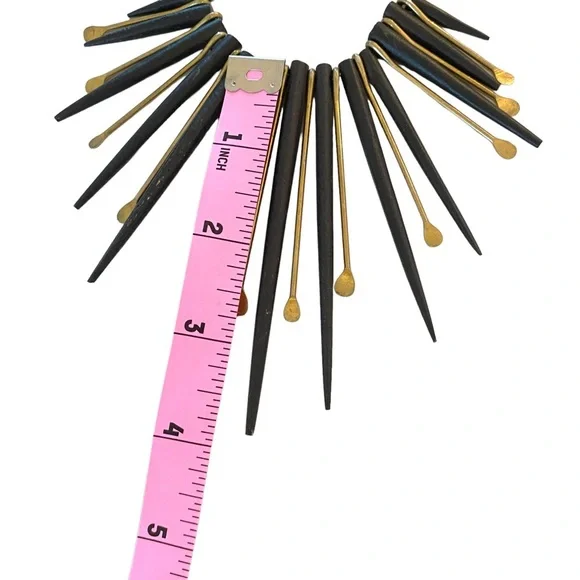 Vintage ebony wood black gold spikes kinetic statement necklace brutalist